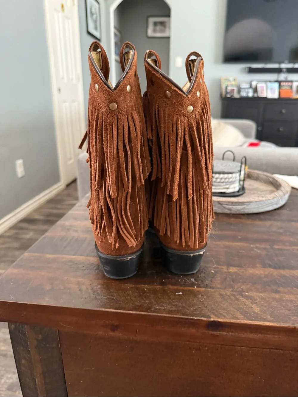 Girls Fringe Suede Western Ankle Boots - Brown